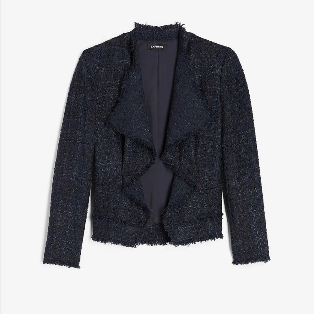 NEW EXPRESS $138 NAVY BLUE DRAPED BOUCLE BLAZER JACKET SZ XS EXTRA SMALL